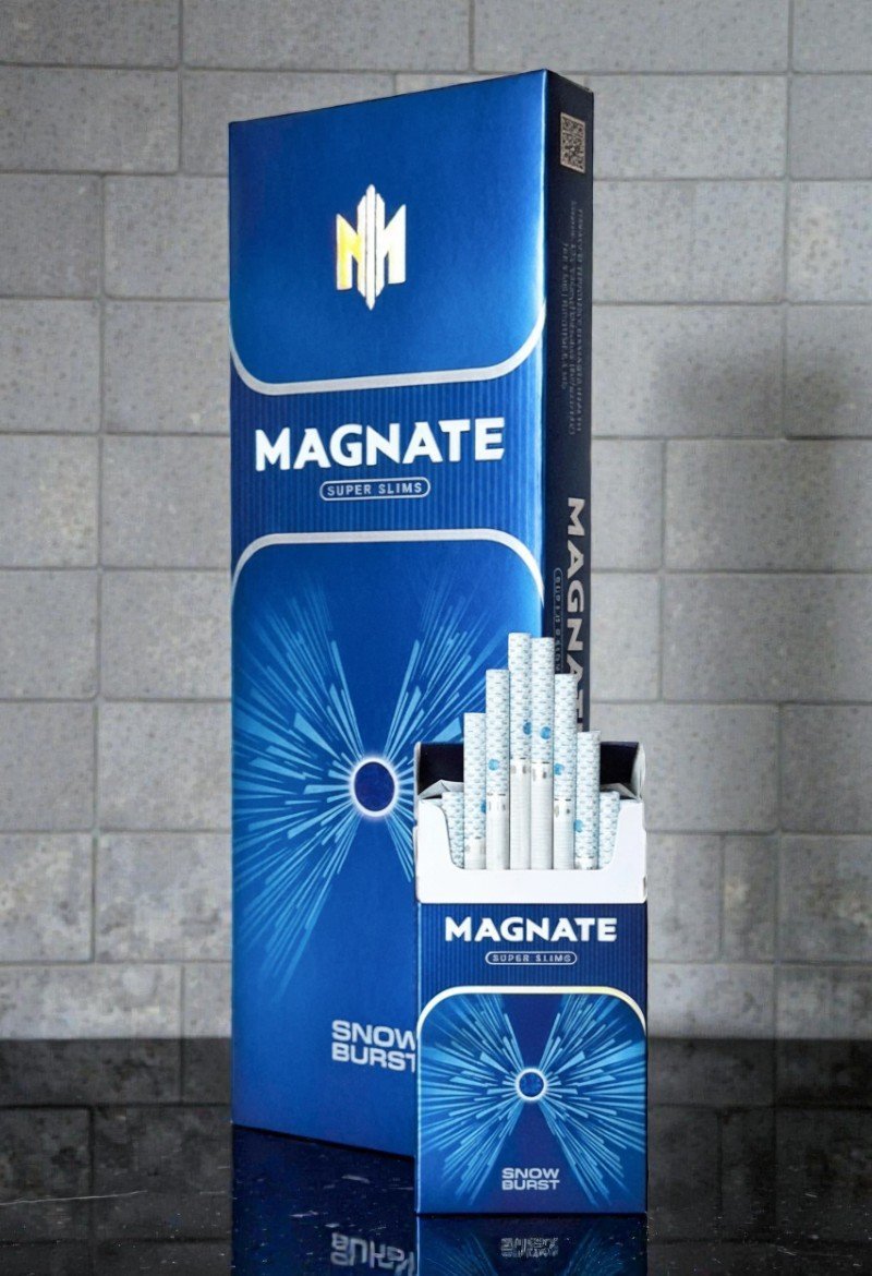 บุหรี่ Magnate Snow Burst Super Slims ซองแข็ง สีขาว เย็นสดชื่น มวนสลิม