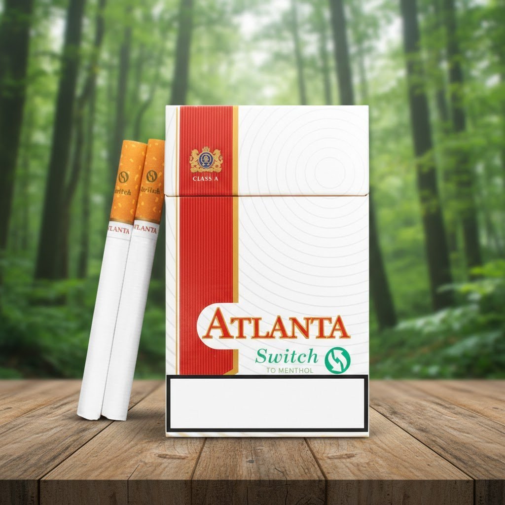 ซองบุหรี่ Atlanta Switch Menthol สีขาวแถบแดง พร้อมมวนบุหรี่วางบนโต๊ะไม้ ท่ามกลางบรรยากาศป่าเขียวขจี