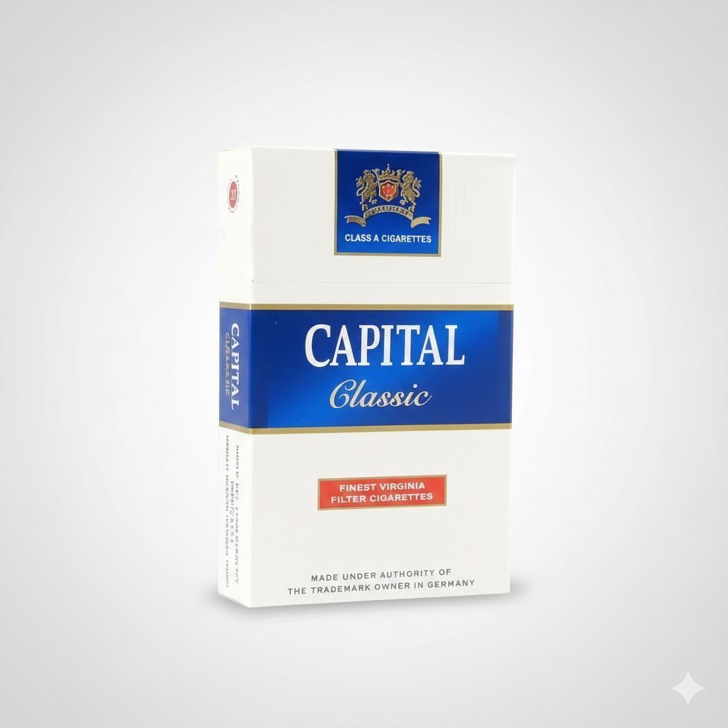 ซองบุหรี่ Capital Classic สีขาวแถบน้ำเงิน ดีไซน์คลาสสิก วางบนพื้นหลังสีเทาสว่าง