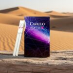 ซองบุหรี่ Cavallo Clip & Go สีม่วงลายกราฟิกทันสมัย วางบนขอนไม้ในทะเลทราย