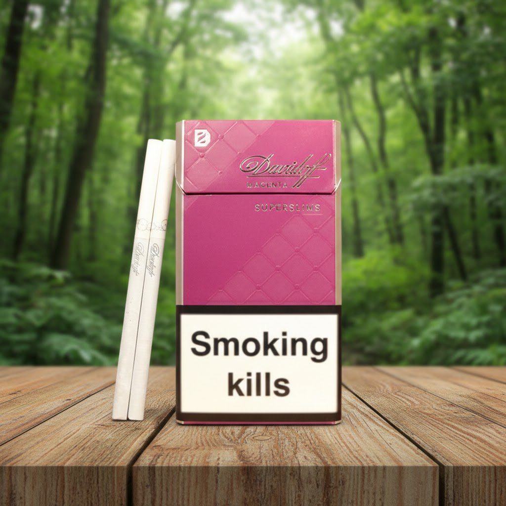 ซองบุหรี่ Davidoff Magenta สีชมพูหรูหรา วางคู่กับมวนบุหรี่แบบ Super Slims บนโต๊ะไม้ในบรรยากาศป่าธรรมชาติ