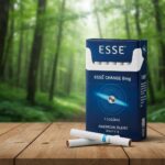 ซองบุหรี่ ESSE Change 8mg สีน้ำเงินเข้ม ดีไซน์พรีเมี่ยมวางบนโต๊ะไม้ พร้อมมวนบุหรี่ที่มีเม็ดบีบ ท่ามกลางบรรยากาศธรรมชาติ