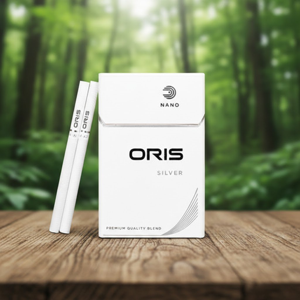 ซองบุหรี่ Oris Nano Silver สีขาวดีไซน์มินิมอล วางบนโต๊ะไม้พร้อมมวนบุหรี่นาโนสลิม ฉากหลังเป็นป่าธรรมชาติ