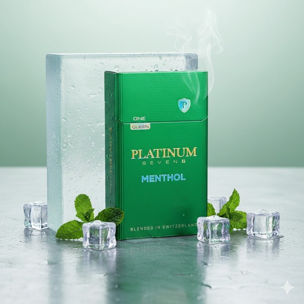 ซองบุหรี่ Platinum Seven Menthol สีเขียว วางบนพื้นผิวที่มีหยดน้ำและน้ำแข็ง สะท้อนความเย็นสดชื่น