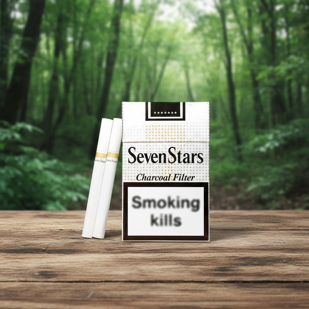 บุหรี่ Sevenstars Charcoal Filter ของแท้ วางบนโต๊ะไม้พื้นหลังวิวป่าธรรมชาติ